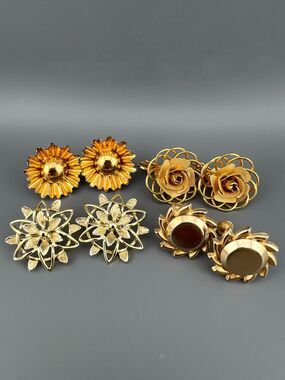 Vintage Flower Earrings Lot Gold Tone Dimensional 2 Signed 1 Vermeil Clip Screw